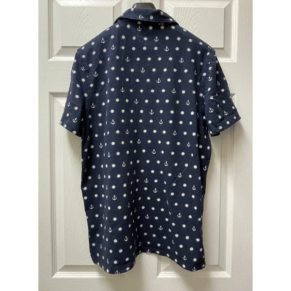 J Crew Men's Large Knit Polo Allover Navy Nautical Print Preppy Pocket‎